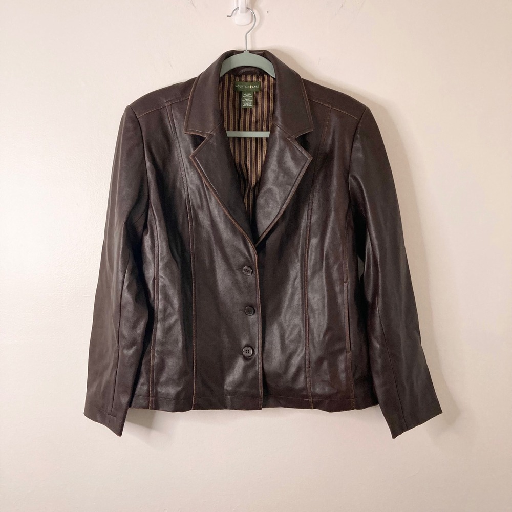 Vintage Faux Leather Blazer Jacket Mountain Lake Brown M Distressed 90s Y2K Moto